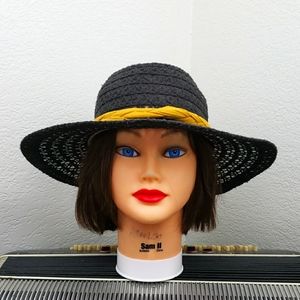 AWESOME BLACK W/MUSTARD YELLOW FABRIC BRAID ACCENT LARGE BRIM SUN HAT